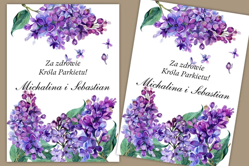 Etykiety samoprzylepne na butelki weselne, ślubne. Wiosenne kwiaty bzu w intensywnym kolorze fioletu.