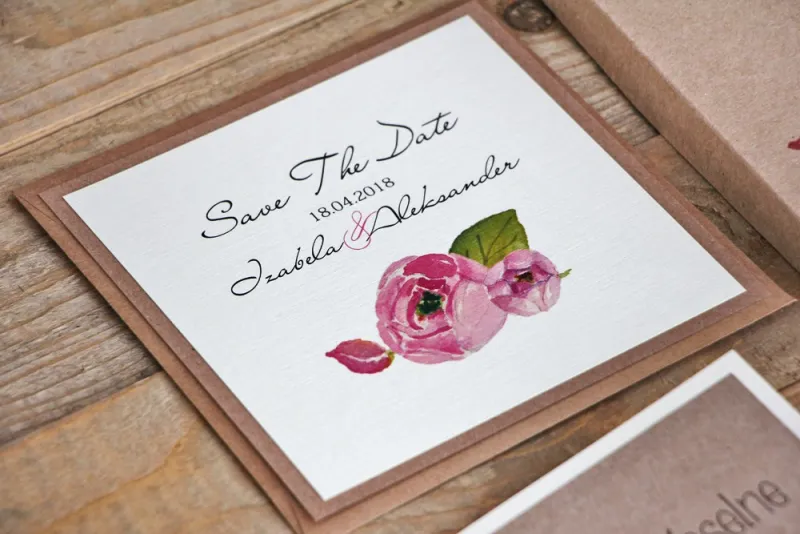 Bilecik Save The Date do zaproszenia ślubnego Margaret nr 2 - Różowe kwiaty z zielenią