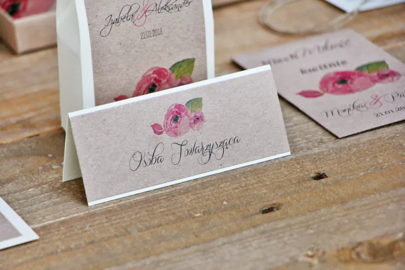 Winietki na stół weselny, ślub - Margaret nr 2 - Ekologiczne - Różowe kwiaty i zieleń