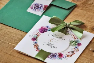 Hochzeitseinladung mit Schleife und farbigem Umschlag - Aquarelle Nr. 1 - Bunte Sukkulenten