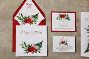 Hochzeitseinladungen mit Vergoldung, roten Rosen und Waldfarn. Einladungen zur Goldenen Hochzeit - Zikade Nr. 2