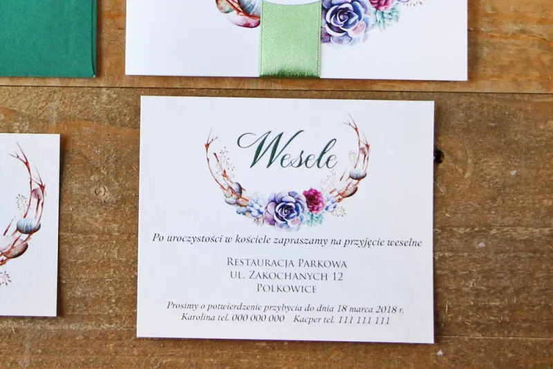 Bilecik do zaproszenia 120 x 98 mm prezenty ślubne wesele - Akwarele nr 1 - Sukulenty, kamyczki