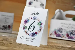 Numery stolików, stół weselny, ślub - Akwarele nr 1 - Sukulenty, fiolet i błękit, kwiatowe