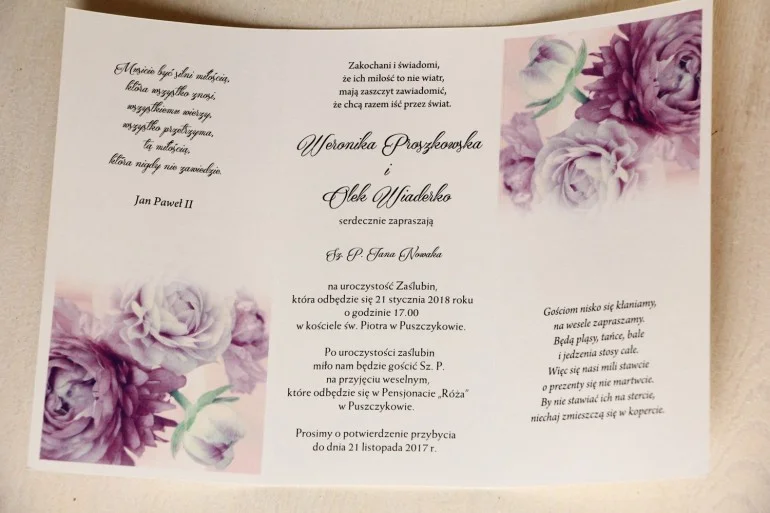 Zaproszenie Ślubne z Piwoniami w odcieniu fioletu z urokliwym wierszykiem | Eleganckie i oryginalne
