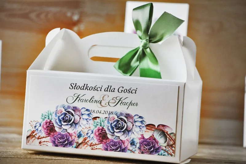 Prostokątne pudełko na ciasto, tort weselny, ślub - Akwarele nr 1 - Kwiatowe, fioletowe sukulenty