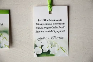 Kwiatowe Zawieszki na butelki weselne, delikatna grafika z konwaliami