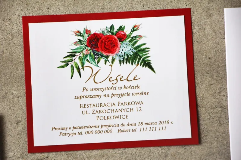 Bilecik dwuwarstwowy prezenty ślubne wesele - Cykade nr 2 ze złoceniem - Eleganckie intensywnie czerwone róże