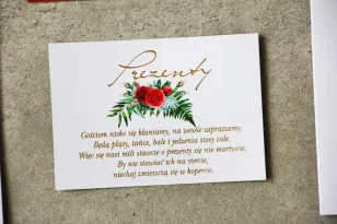 Bilecik prezenty ślubne wesele - Cykade nr 2 ze złoceniem - Intensywnie czerwone róże z zielenią