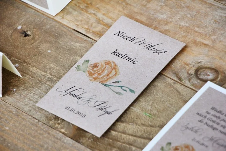 Nasiona Niezapominajki w Eko Torebeczce z grafiką akwarelowej żółtej róży | Prezenty dla gości weselnych