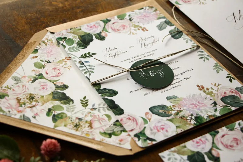 Botanische Hochzeitseinladungen mit Pastell, rosa Dahlien und Rosen