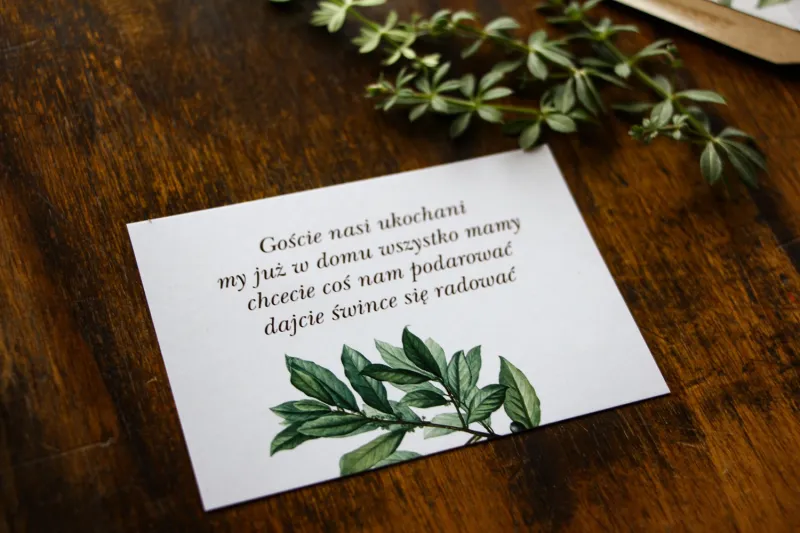 Bilecik do zaproszeń ślubnych z motywem gałązek oliwki, projekt utrzymany w stylistyce greenery