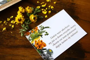 Ticket für Hochzeitseinladungen mit einem Motiv aus gelben Blumen, gebrochen mit grauen