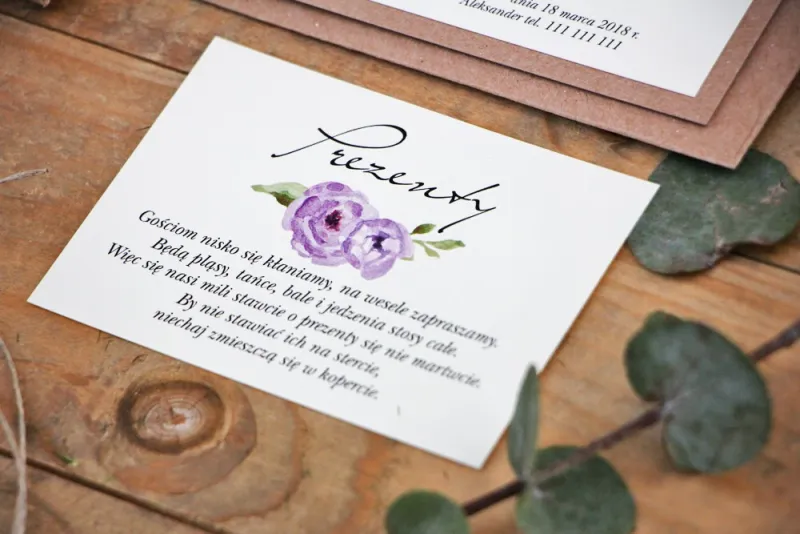 Bilecik do zaproszenia 105 x 74 mm prezenty ślubne wesele - Margaret nr 4 - Ekologiczne - Fioletowe róże