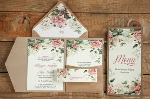 Ekologiczne zaproszenia ślubne z białymi i różowymi piwoniami, etui z kieszonką na bilecik z menu