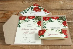 Ekologiczne zaproszenia ślubne z czerwoną chińską różą oraz zielonymi gałązkami