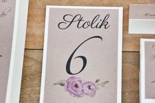 Numery stolików, stół weselny, ślub - Margaret nr 4 - Fioletowe kwiaty z zielenią