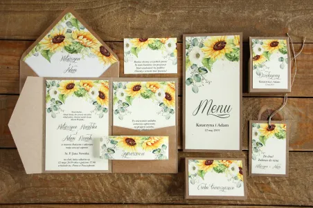 Ökologische Hochzeitseinladungen mit Sonnenblume mit Extras und Dankeschön für Gäste