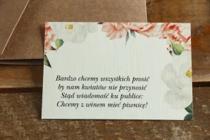 Bilecik do zaproszeń ślubnych. Brzoskwiniowa grafika z różą i piwonią