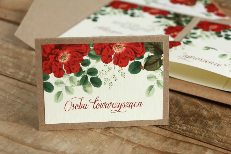 Winietki ślubne, wizytówki z personalizacją na stół weselny - Grafika z czerwoną chińską różą oraz zielonymi gałązkami