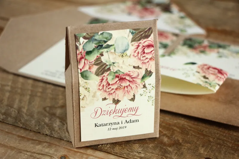 Ökologische Sweet Box als Dankeschön für Hochzeitsgäste - Grafik mit weißen und rosa Pfingstrosen