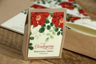 Ekologiczne Pudełeczko na słodkości jako podziękowania dla gości weselnych - Grafika z czerwoną chińską różą