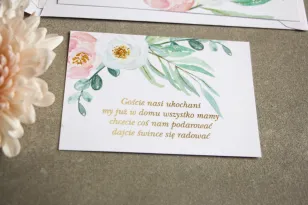 Bilecik do zaproszeń ślubnych ze złoceniem w stylu Glamour. Subtelny wzór z różowymi i białymi piwoniami
