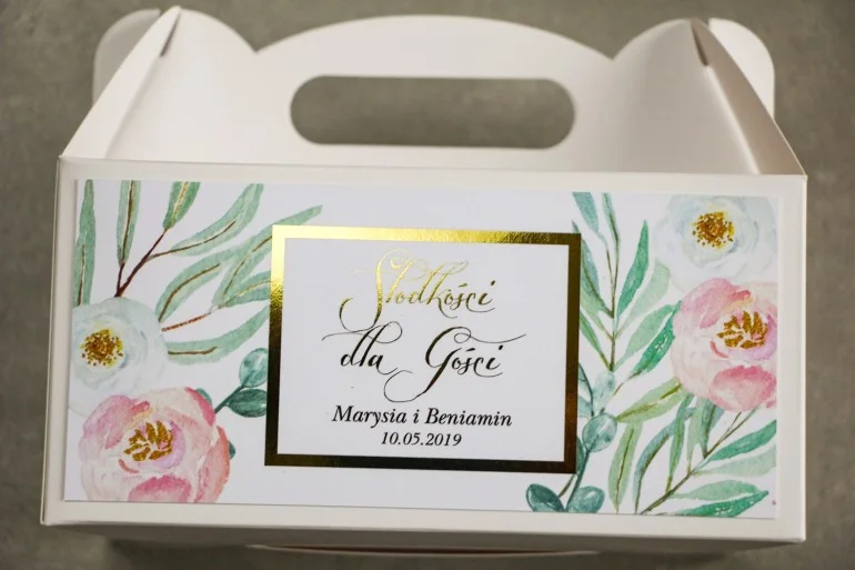 Pudełko na Ciasto z Kwiatami i Złotymi Akcentami | Flores nr 1 | Idealne na Ślub [prostokątne]