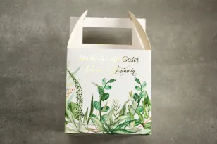 Schachtel für Hochzeitstorte (quadratisch) mit Vergoldung - vielen Dank an die Hochzeitsgäste. Das botanische Thema des Grüns