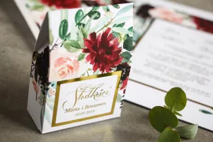 Süße Schachtel mit Vergoldung, dank Hochzeitsgästen - Burgunder und Burgunderpfingstrosen und Dahlien