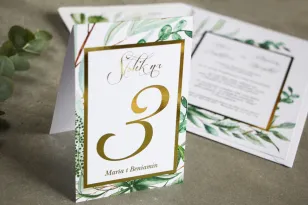 Numery stolików weselnych ze złoceniem w stylu Glamour - Botaniczny motyw Greenery