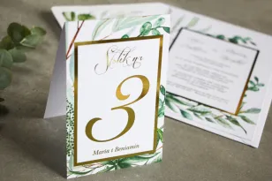 Hochzeitstischnummern mit Vergoldung im Stil von Glamour - Greenery botanisches Thema
