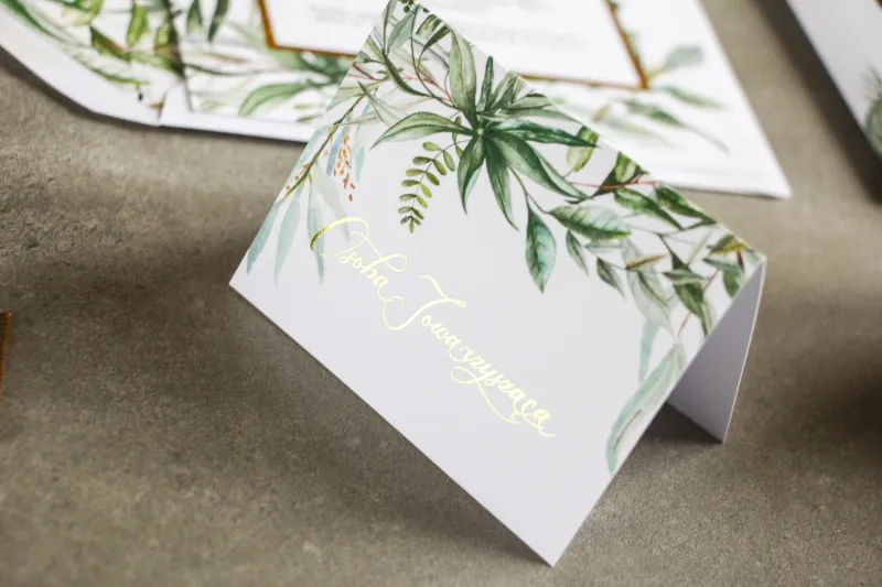 Winietki ślubne ze złoceniem w stylu Glamour. Botaniczny motyw Greenery Winietki ślubne ze złoceniem w stylu Glamour. Botaniczny motyw Greenery