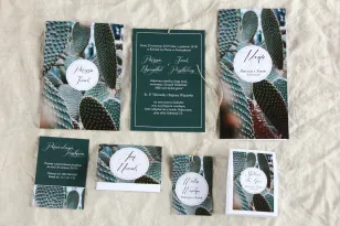 Botaniczne zaproszenia ślubne w etui z kaktusem wraz z dodatkami i podziękowaniami