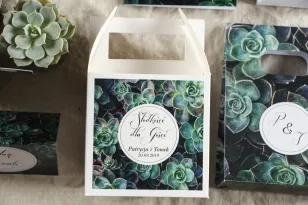 Podziękowanie dla gości weselnych, kwadratowe pudełka na ciasto w stylu Botanicznym - Grafika z eukaliptusami