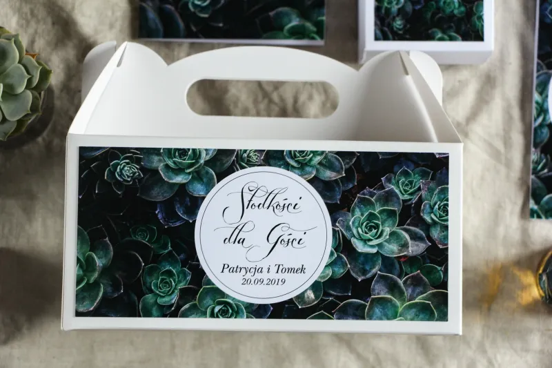 Podziękowanie dla gości weselnych, prostokątne pudełka na ciasto w stylu Botanicznym - Grafika z eukaliptusami Podziękowanie dla gości weselnych, prostokątne pudełka na ciasto w stylu Botanicznym - Grafika z eukaliptusami