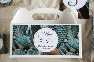 Podziękowanie dla gości weselnych, prostokątne pudełka na ciasto w stylu Botanicznym - Grafika z kaktusem