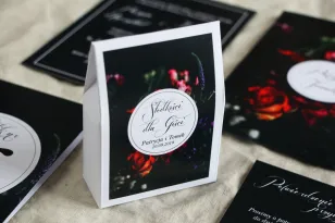 Dank Hochzeitsgästen, Schachteln für Süßigkeiten - Schwarze Grafik gebrochen mit Burgunderrot und Burgunderblumen