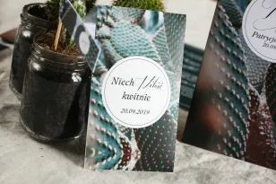 Podziękowania ślubne, nasionka na gości weselnych w stylu botanicznym. Grafika z kaktusem