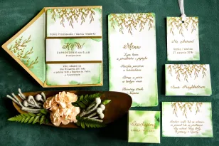 Złote Zaproszenia Ślubne, zielone z owijką z papieru złotego lustrzanego - zestaw próbny