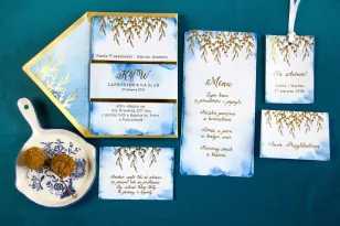 Złote zaproszenia ślubne, kolor niebieski - zestaw próbny