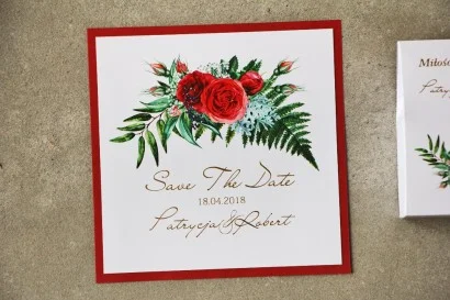 Save The Date bilecik - czerwone róże ze złoceniem Cykade nr 2