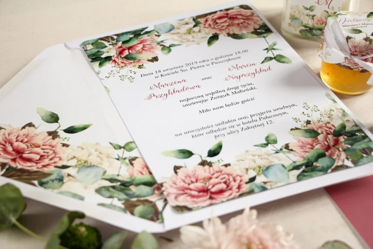 Białe Zaproszenia Jednokartkowe z kwiatowym motywem | Zaproszenia Ślubne z piwoniami