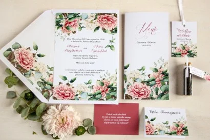 Białe Zaproszenia Jednokartkowe z kwiatowym motywem | Zaproszenia Ślubne z piwoniami | Aurum nr 2