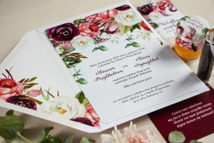 Hochzeitseinladungen mit rosa und lila Pfingstrosen und Tulpen