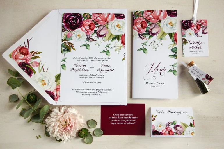 Eleganckie Zaproszenia na Ślub z piwoniami i tulipanami | Jednokartkowe | Format A5