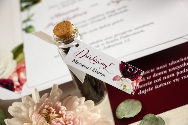 Bordowy Bilecik do kwiatowych zaproszeń ślubnych