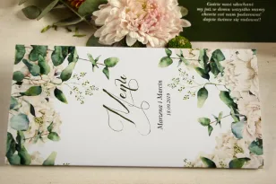 Menu weselne, grafika w stylu greenery z białymi piwoniami z dodatkiem liści eukaliptusa