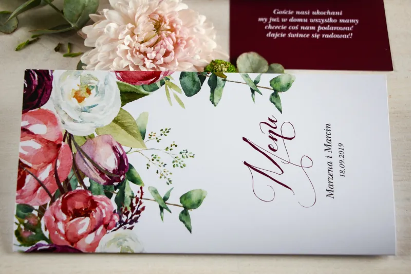 Menu weselne, grafika z różowymi i purpurowymi piwoniami i tulipanami
