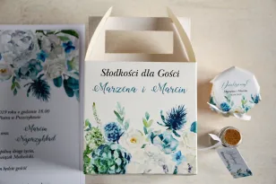 Quadratische Schachtel für Hochzeitstorte, danke an die Gäste. Grafik mit weißen Rosen