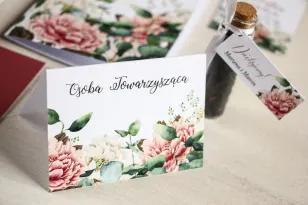 Florale Hochzeitsvignetten für den Hochzeitstisch, Grafiken mit dem Zusatz von rosa und weißen Pfingstrosen, umgeben von